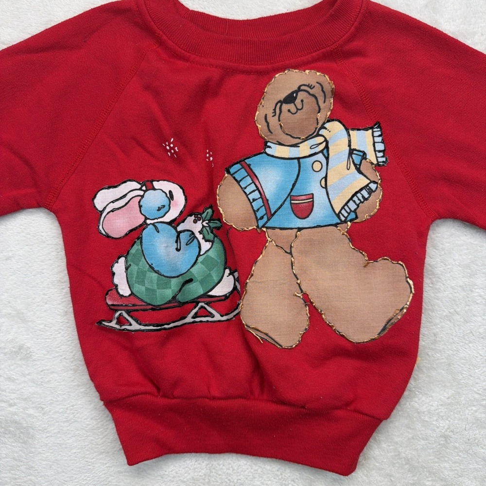 Vintage 90s Okie Dokie Boys Sweatshirt 2T Teddy Bear Sled Applique Red